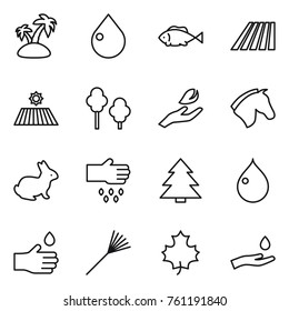 Thin line icon set : island, drop, fish, field, trees, hand leaf, horse, rabbit, sow, spruce, rake, maple, and