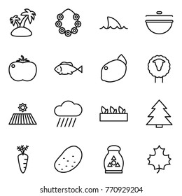 Thin line icon set : island, hawaiian wreath, shark flipper, cauldron, tomato, fish, lemon, sheep, field, rain cloud, seedling, spruce, carrot, potato, fertilizer, maple leaf