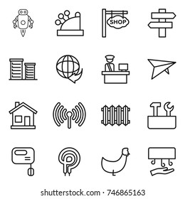thin line icon set : jet robot, cashbox, shop signboard, singlepost, district, delivery, customs control, deltaplane, home, wireless, radiator, repair tools, mixer, elecric oven, chicken, hand dryer