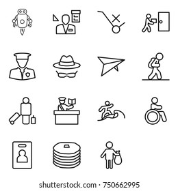 thin line icon set : jet robot, architector, do not trolley sign, courier delivery, security man, confidential, deltaplane, tourist, passenger, inspector, surfer, invalid, identity card, pancakes