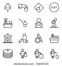 Thin line icon set : jet robot, hand coin, under construction, customs, control, do not trolley sign, workman, tourist, detector, passenger, invalid, reception, pancakes, trash, garbage bin