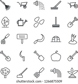 Thin Line Icon Set - job vector, garden fork, shovel, rake, watering can, wheelbarrow, sproute, hoe, sickle, plant label, pumpkin, greenhouse, seeds, fruit tree, irrigation