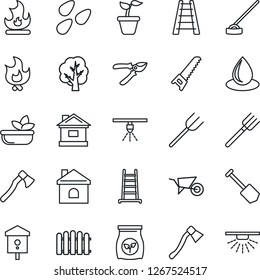 Thin Line Icon Set - job vector, farm fork, fence, ladder, seedling, tree, wheelbarrow, pruner, saw, fire, house, water drop, hoe, axe, seeds, bird, fertilizer, salad, sprinkler