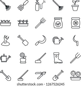 Thin Line Icon Set - job vector, garden fork, shovel, farm, rake, seedling, watering can, sproute, pruner, boot, hoe, sickle, sprayer, fertilizer, flower in pot