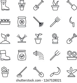 Thin Line Icon Set - job vector, flower in pot, shovel, farm fork, rake, seedling, watering, sproute, boot, hoe, sickle, fertilizer, irrigation