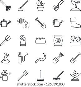 Thin Line Icon Set - job vector, flower in pot, garden fork, shovel, farm, rake, watering can, sproute, boot, seedling, hoe, sickle, sprayer, fertilizer, irrigation