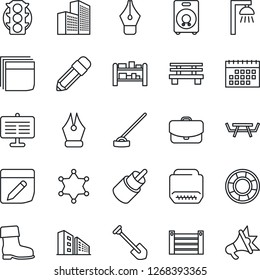 Thin Line Icon Set - job vector, boot, hoe, bench, picnic table, traffic light, container, rack, speaker, rca, hdmi, notes, calendar, presentation board, office building, ink pen, blank box, pencil