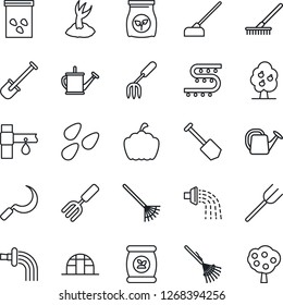 Thin Line Icon Set - job vector, garden fork, shovel, farm, rake, watering can, sproute, hoe, sickle, pumpkin, greenhouse, seeds, fertilizer, drip irrigation, fruit tree
