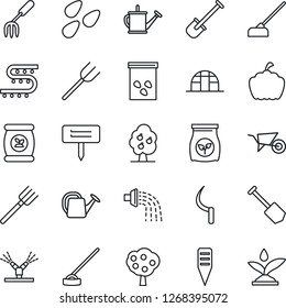 Thin Line Icon Set - job vector, garden fork, shovel, farm, watering can, wheelbarrow, hoe, sickle, plant label, pumpkin, greenhouse, seeds, fertilizer, drip irrigation, fruit tree