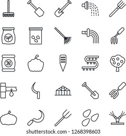 Thin Line Icon Set - job vector, garden fork, shovel, farm, rake, watering, sickle, plant label, pumpkin, greenhouse, seeds, fertilizer, drip irrigation, fruit tree