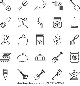 Thin Line Icon Set - job vector, garden fork, shovel, farm, rake, watering, sproute, sickle, plant label, pumpkin, greenhouse, seeds, fertilizer, drip irrigation, fruit tree