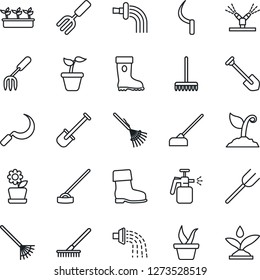 Thin Line Icon Set - job vector, garden fork, shovel, farm, rake, seedling, watering, sproute, boot, hoe, sickle, sprayer, flower in pot, irrigation
