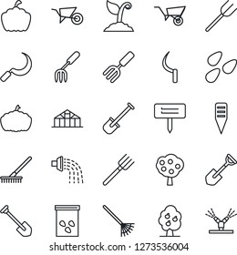 Thin Line Icon Set - job vector, garden fork, shovel, farm, rake, wheelbarrow, watering, sproute, sickle, plant label, pumpkin, greenhouse, seeds, fruit tree, irrigation