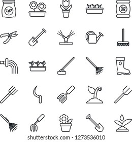 Thin Line Icon Set - job vector, flower in pot, garden fork, shovel, farm, rake, watering can, sproute, pruner, boot, seedling, hoe, sickle, fertilizer, irrigation