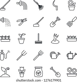 Thin Line Icon Set - job vector, flower in pot, garden fork, shovel, farm, rake, seedling, watering can, sproute, pruner, hoe, sickle, sprayer, fertilizer