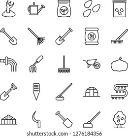 Thin Line Icon Set - job vector, garden fork, shovel, rake, watering can, wheelbarrow, sproute, hoe, sickle, plant label, pumpkin, greenhouse, seeds, fertilizer, drip irrigation, fruit tree