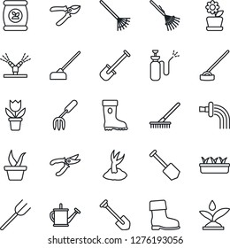 Thin Line Icon Set - job vector, flower in pot, garden fork, shovel, farm, rake, seedling, watering can, sproute, pruner, boot, hoe, sprayer, fertilizer, irrigation