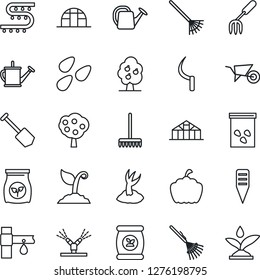 Thin Line Icon Set - job vector, garden fork, rake, watering can, wheelbarrow, sproute, sickle, plant label, pumpkin, greenhouse, seeds, fertilizer, drip irrigation, fruit tree