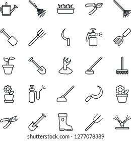 Thin Line Icon Set - job vector, flower in pot, garden fork, shovel, farm, rake, seedling, watering can, sproute, pruner, boot, hoe, sickle, sprayer, irrigation