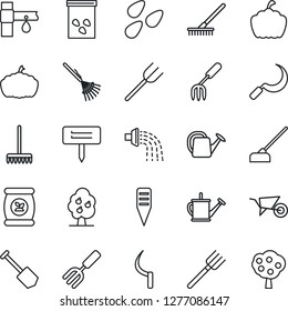 Thin Line Icon Set - job vector, garden fork, farm, rake, watering can, wheelbarrow, hoe, sickle, plant label, pumpkin, seeds, fertilizer, drip irrigation, fruit tree