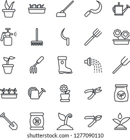 Thin Line Icon Set - job vector, garden fork, farm, rake, seedling, watering can, sproute, pruner, boot, hoe, sickle, sprayer, fertilizer, flower in pot, irrigation