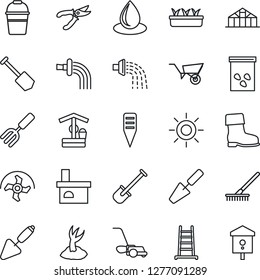 Thin Line Icon Set - job vector, trowel, garden fork, shovel, ripper, rake, ladder, wheelbarrow, bucket, watering, sproute, pruner, boot, lawn mower, seedling, water drop, sun, well, plant label