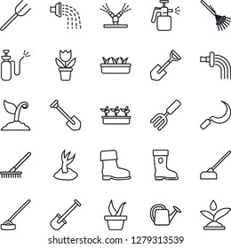 Thin Line Icon Set - job vector, flower in pot, garden fork, shovel, farm, rake, seedling, watering can, sproute, boot, hoe, sickle, sprayer, irrigation