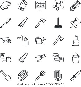 Thin Line Icon Set - job vector, pencil, farm fork, rake, watering can, wheelbarrow, bucket, pruner, glove, saw, axe, monitor pulse, blood pressure, scalpel, share, themes, drawing pin, paper clip