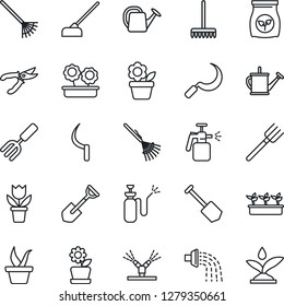 Thin Line Icon Set - job vector, flower in pot, garden fork, shovel, farm, rake, seedling, watering can, pruner, hoe, sickle, sprayer, fertilizer, irrigation