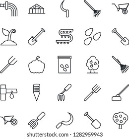 Thin Line Icon Set - job vector, garden fork, shovel, farm, rake, wheelbarrow, watering, sproute, hoe, sickle, plant label, pumpkin, greenhouse, seeds, drip irrigation, fruit tree
