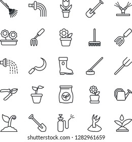 Thin Line Icon Set - job vector, flower in pot, garden fork, shovel, farm, rake, seedling, watering can, sproute, pruner, boot, hoe, sickle, sprayer, fertilizer, irrigation