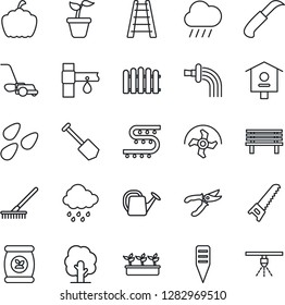 Thin Line Icon Set - job vector, ripper, fence, rake, ladder, seedling, tree, watering can, pruner, saw, lawn mower, rain, garden knife, plant label, bench, pumpkin, seeds, bird house, fertilizer