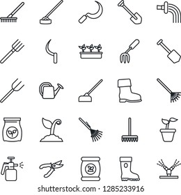 Thin Line Icon Set - job vector, garden fork, farm, rake, seedling, watering can, sproute, pruner, boot, hoe, sickle, sprayer, fertilizer, irrigation