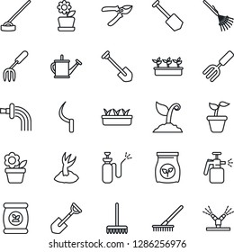 Thin Line Icon Set - job vector, flower in pot, garden fork, shovel, rake, seedling, watering can, sproute, pruner, hoe, sickle, sprayer, fertilizer, irrigation