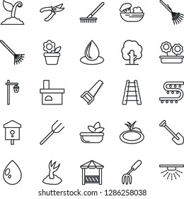 Thin Line Icon Set - job vector, flower in pot, garden fork, farm, rake, ladder, tree, sproute, pruner, saw, water drop, light, fireplace, pond, bird house, drip irrigation, salad, alcove, sprinkler