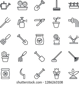 Thin Line Icon Set - job vector, flower in pot, garden fork, shovel, farm, rake, seedling, watering can, pruner, hoe, sickle, sprayer, fertilizer, irrigation