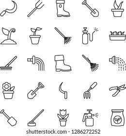 Thin Line Icon Set - job vector, flower in pot, garden fork, shovel, farm, rake, seedling, watering, sproute, pruner, boot, hoe, sickle, sprayer, fertilizer