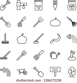 Thin Line Icon Set - job vector, garden fork, shovel, farm, rake, watering can, wheelbarrow, sproute, hoe, sickle, plant label, pumpkin, seeds, fertilizer, drip irrigation, fruit tree