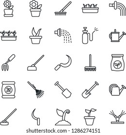 Thin Line Icon Set - job vector, flower in pot, garden fork, shovel, rake, seedling, watering can, sproute, hoe, sickle, sprayer, fertilizer, irrigation
