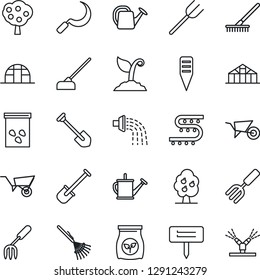 Thin Line Icon Set - job vector, garden fork, shovel, farm, rake, watering can, wheelbarrow, sproute, hoe, sickle, plant label, greenhouse, seeds, fertilizer, drip irrigation, fruit tree