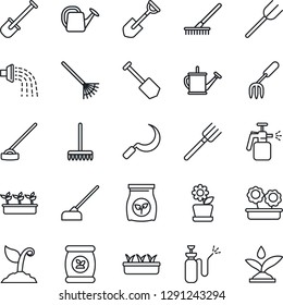 Thin Line Icon Set - job vector, garden fork, shovel, farm, rake, watering can, sproute, seedling, hoe, sickle, sprayer, fertilizer, flower in pot, irrigation