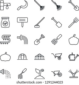 Thin Line Icon Set - job vector, garden fork, shovel, farm, rake, watering can, wheelbarrow, sproute, hoe, sickle, plant label, pumpkin, greenhouse, fertilizer, drip irrigation