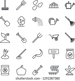 Thin Line Icon Set - job vector, shovel, farm fork, rake, watering can, wheelbarrow, sproute, hoe, sickle, plant label, pumpkin, greenhouse, seeds, fertilizer, drip irrigation, fruit tree