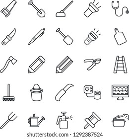 Thin Line Icon Set - job vector, pencil, farm fork, rake, ladder, watering can, bucket, pruner, saw, hoe, garden knife, axe, sprayer, monitor pulse, stethoscope, blood pressure, torch, drawing pin