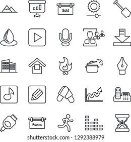 Thin Line Icon Set - job vector, fire, water drop, pills, run, warehouse storage, equalizer, microphone, play button, hdmi, notes, download, brightness, music, hr, ink pen, office phone, mountains