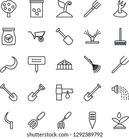 Thin Line Icon Set - job vector, garden fork, shovel, farm, rake, wheelbarrow, watering, sproute, sickle, plant label, greenhouse, seeds, fertilizer, drip irrigation, fruit tree