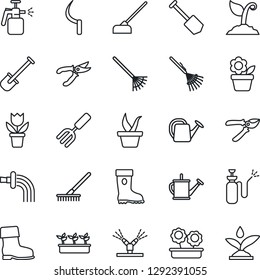 Thin Line Icon Set - job vector, flower in pot, garden fork, shovel, rake, seedling, watering can, sproute, pruner, boot, hoe, sickle, sprayer, irrigation