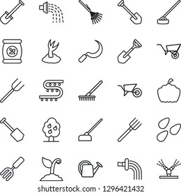 Thin Line Icon Set - job vector, garden fork, shovel, farm, rake, watering can, wheelbarrow, sproute, hoe, sickle, pumpkin, seeds, fertilizer, drip irrigation, fruit tree