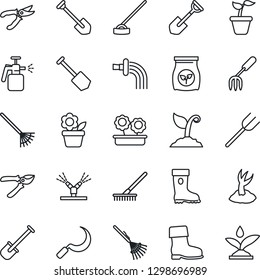 Thin Line Icon Set - job vector, flower in pot, garden fork, shovel, farm, rake, seedling, watering, sproute, pruner, boot, hoe, sickle, sprayer, fertilizer, irrigation