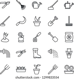 Thin Line Icon Set - job vector, flower in pot, garden fork, shovel, farm, rake, seedling, watering can, sproute, pruner, boot, hoe, sickle, fertilizer
